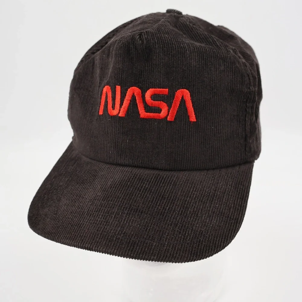 NASA Corduroy AB‎ Emblems Hat Mens OSFM Brown Red Worm Logo Snapback Vintage USA